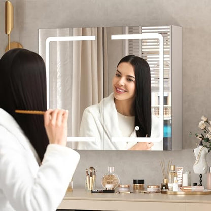 DICTAC Bathroom Medicine Cabinet with Mirrors and Led Lights 27.6x23.62 inch Double Doors Wall Mounted Mirror Cabinet with Storage Organizer Lighted Medicine Cabinets with Adjustable Shelves,White - size: 27.6x23.62 inch