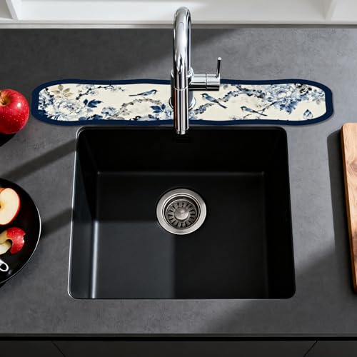 2 Pcs Irregular Shape Kitchen Sink Splash Guard Faucet Mat Flower and Bird Painting Pattern Faucet Mat for Sinks Chinese Style Absorbing Drying Mats for Kitchen Bathroom, 23.6x5.5inch - color: Flower and Bird