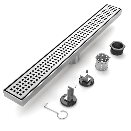 Linear Shower Drain - 36 Inch Brushed Nickel, with Grate Removable | AISI 304 Stainless Steel Shower Drain with Adjustable Feet, Hair Catcher, Rectangle Shower Floor Drain Fits Bathroom, Balcony - color: Brushed Nickel, size: 36 Inch
