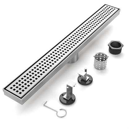 Linear Shower Drain - 32 Inch Brushed Nickel, with Grate Removable | AISI 304 Stainless Steel Shower Drain with Adjustable Feet, Hair Catcher, Rectangle Shower Floor Drain Fits Bathroom, Balcony - color: Brushed Nickel, size: 32 Inch