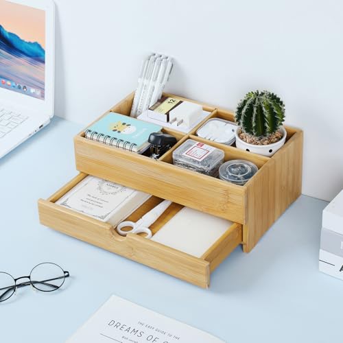 GOBAM Makeup Storage Drawer Organizer Bamboo Wood Cosmetic Display Box, Large Capacity Bathroom Beauty Countertop Organizer, Great for Bathroom Dresser - size: X-Large