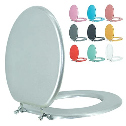 Round Toilet Seat Wood Toilet Seat Prevent Shifting with Zinc Alloy Hinges American Standard Size Toilet Seat Easy to Install also Easy to Clean(Round,Sparkling ClassicalSilver) - color: Classical Silver, size: Round