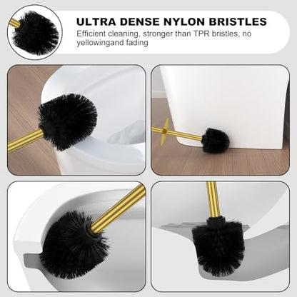 Brass Gold Toilet Brush and Holder Set，Stainless Steel Heavy Duty Toilet Bowl Brush，Extra Long Handled Modern Toilet Cleaner Brush with Replaceable Head, Removable Inner Bowl, and Splash Protection - color: Brass Gold, size: 1 Pack