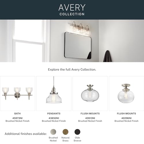 Kichler Avery 33.25" 4 Light Bathroom Vanity Light in Brushed Nickel, Vintage Bathroom Wall Mount Fixture with Clear Seeded Glass, (33.25" W x 9.25" H), 45974NI