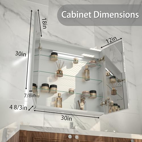 30x30" Wall-Mounted LED Bathroom Medicine Cabinet, Anti-Fog, 3 Color Temp | Surface-Mount/Recessed, Double-Sided Mirror Cabinet with DTC Silent-Close Hinges, Adjustable Tempered Glass Shelf - size: 30W x 30H Inch