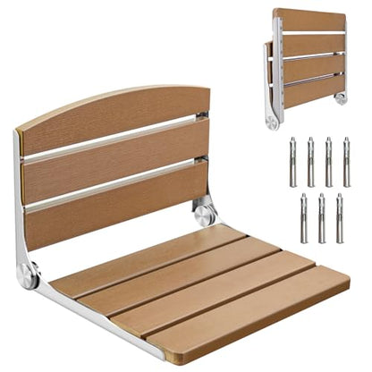Foldable Shower Chair, 16" Folding Shower Seat Wall Mounted, Brown | Safety Furniture Stainless Steel for Elderly, Fold Down Shower Bench for Inside Shower, Pregnants-Maximum Load 400lb