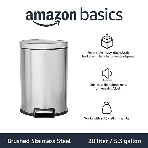 Amazon Basics Round Cylindrical Trash Can with Soft-Close Lid, Foot Pedal, Removable Inner Bucket, Smudge Resistant, 20 l/5.3 gallon, Brushed Stainless Steel