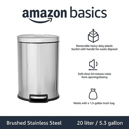 Amazon Basics Round Cylindrical Trash Can with Soft-Close Lid, Foot Pedal, Removable Inner Bucket, Smudge Resistant, 20 l/5.3 gallon, Brushed Stainless Steel