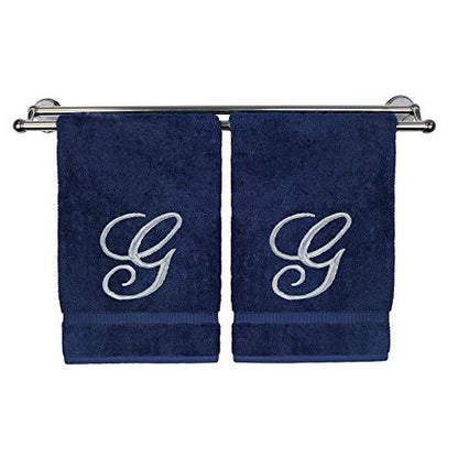BC BARE COTTON Monogrammed Hand Towel, Navy, 16 x 30 Inches - Set of 2, Extra Absorbent 100% Turkish Cotton, Soft Terry Finish, Personalized Gift - color: Silver on Navy, style: Initial G