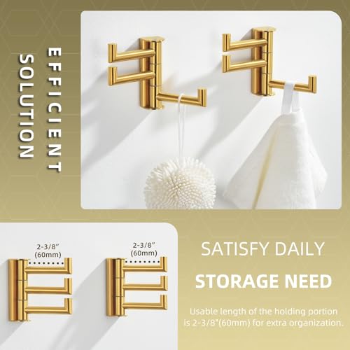 Angle Simple Towel Hooks, Swivel Bathroom Hook, Brushed Dark Gold, 2 Pack | SUS304 Stainless Steel, Folding 3 Arms, Kitchen Hand Towel Dishcloth Holder, Space Saver Fits Narrow Spot, Screws Mounted - color: Brushed Dark Gold, size: 2 Pack