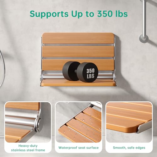 16" Wall Mounted Folding Shower Seat Bench - Heavy Duty 400lb Capacity, ADA Compliant Teak & Stainless Steel Shower Chair for Elderly, Disabled, Bathroom Safety - size: 16 inch