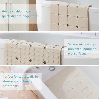 Non-Slip Silicone Bathtub Mat, Foldable Bath Tub Mat, 14.9 x 27.5in, Beige | Bathroom shower mat with suction cups, Machine Washable, Durable & Eco-Friendly, Large Drain Holes, Ideal for Family Use - color: Beige