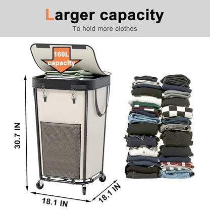 Laundry Basket with Lid and Wheels Rolling Laundry Basket, Removable Laundry Bag Design for Daily Use in Bathrooms and Laundry Rooms (Cover White, 160L) - color: Cover White