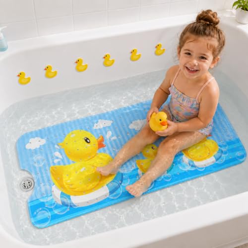Cinrobiye Bath Mat for Tub Non Slip, 40 x 16 Inch Duck Cartoon Bathtub Shower Mat with Suction Cups and Drain Holes, Waterproof Machine Washable Bathroom Mat - color: Yellow