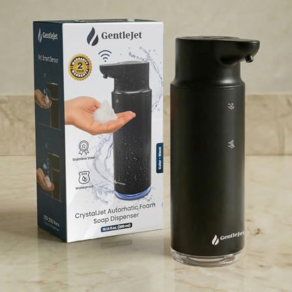 GentleJet CrystalJet Automatic Foam Soap Dispenser Stainless Steel, Touchless Sensor, USB-C Rechargeable, Waterproof, Modern Bathroom & Kitchen Sink, 300 ml - color: Black