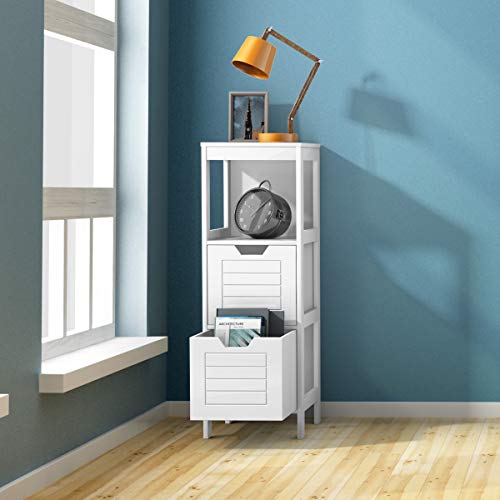 Tangkula Bathroom Floor Cabinet, Narrow Wooden Storage Cabinet w/2 Switchable Drawers, Freestanding Small Cabinet for Small Spaces, 12 x 12 35 Inch (White) - color: White