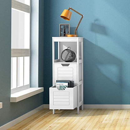 Tangkula Bathroom Floor Cabinet, Narrow Wooden Storage Cabinet w/2 Switchable Drawers, Freestanding Small Cabinet for Small Spaces, 12 x 12 35 Inch (White) - color: White