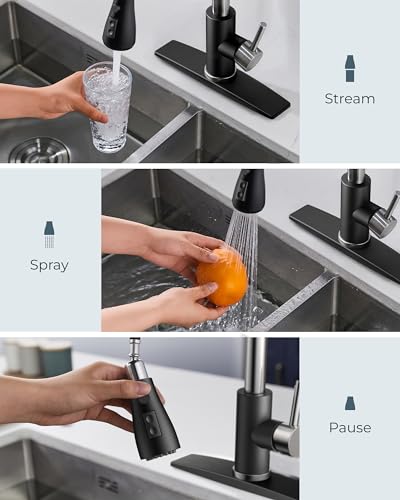 FORIOUS Kitchen Faucet with Soap Dispenser, Stainless Steel, Black Brushed | Pull Down Sprayer, High Arc Single Handle, Classic 3 Modes Bar Sink Faucet with Deck Plate, Suitable for Rv Laundry Camper - color: Black&Brushed, style: Classic