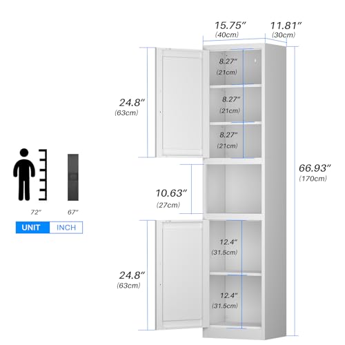 67" Metal Bathroom Storage Cabinet, White | Tall Narrow Design, 2 Doors & 6 Shelves, Slim Skinny Cabinet, Multi-Room Use - color: White