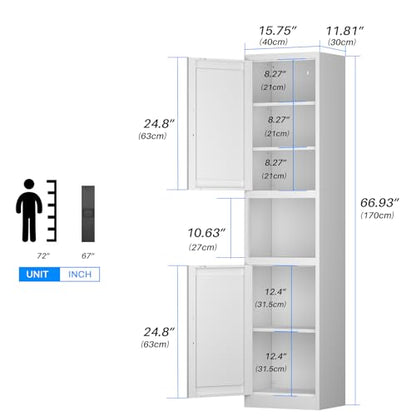 67" Metal Bathroom Storage Cabinet, White | Tall Narrow Design, 2 Doors & 6 Shelves, Slim Skinny Cabinet, Multi-Room Use - color: White