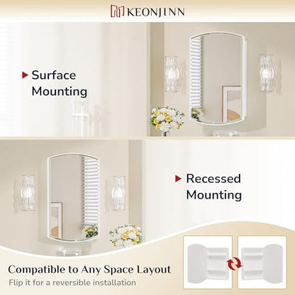 Keonjinn White Medicine Cabinet with Mirror 20” x 30”, Metal Framed Wall Cabinet with Beveled Mirror, Surface Mount or Recessed Medicine Cabinet for Bathroom, Bathroom Mirror with Storage | Adjustable Shelves, Arched Vanity Mirror with Storage, Recessed o