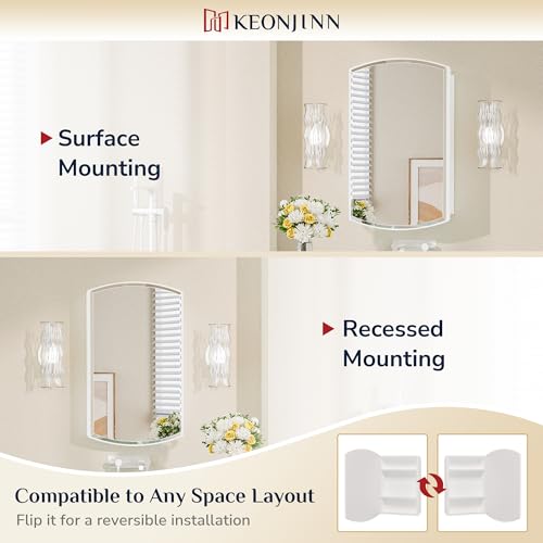Keonjinn White Medicine Cabinet with Mirror 20” x 30”, Metal Framed Wall Cabinet with Beveled Mirror, Surface Mount or Recessed Medicine Cabinet for Bathroom, Bathroom Mirror with Storage | Adjustable Shelves, Arched Vanity Mirror with Storage, Recessed o