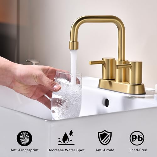 Brushed Gold 4 Inch Centerset Bathroom Faucet 2 or 3 Hole | Stainless Steel 2 Handle Gold Bathroom Sink Faucet for Bathroom, Restroom, Vanity, Rv - color: Brushed Gold