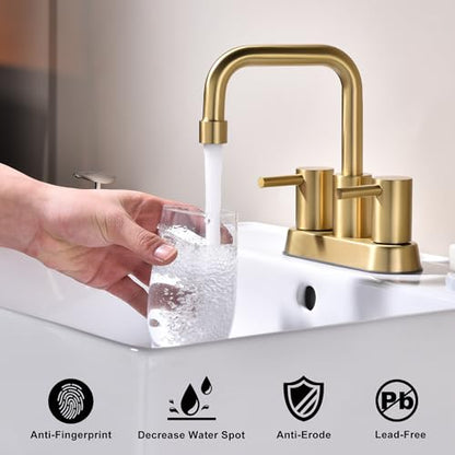 Brushed Gold 4 Inch Centerset Bathroom Faucet 2 or 3 Hole | Stainless Steel 2 Handle Gold Bathroom Sink Faucet for Bathroom, Restroom, Vanity, Rv - color: Brushed Gold
