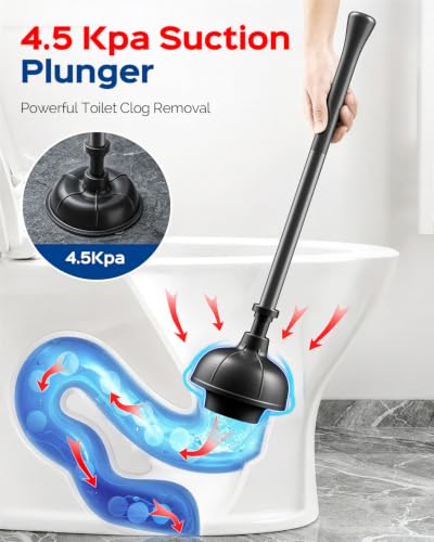 HAMITOR Toilet Bowl Brush and Plunger Set: 2-in-1 Hidden Holder Design | Deep Cleaning Curved Bristles, Stainless Steel, 22'' Long Handles, Modern Apartment Bathroom Accessories, Black, 1-Pack