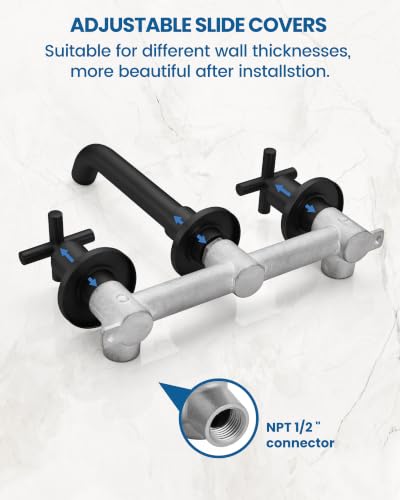 Airuida Solid Brass Matte Black Wall Mount Bathroom Faucet | 360° Swivel Spout,Rough in Valve,2 Cross Handle,3 Hole,Widespread - color: Matte Black