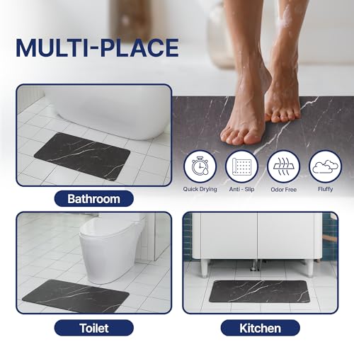 Aureo Super Absorbent Diatomaceous Bath Mat, Quick Dry, Soft Non-Slip Rug for Bathroom, Kitchen, Entryway, Easy Clean, Marble Design, 27.55" x 15.74", Black - color: Black