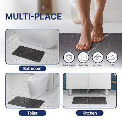 Aureo Super Absorbent Diatomaceous Bath Mat, Quick Dry, Soft Non-Slip Rug for Bathroom, Kitchen, Entryway, Easy Clean, Marble Design, 27.55" x 15.74", Black - color: Black