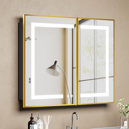 LOVMOR Led Medicine Cabinet with Mirror, Bathroom Vanity Mirror Cabinet with Shelves, 3-Color Lights Dimmer (Gold, 30" H x 36" W) - color: Gold, size: 30" H x 36" W