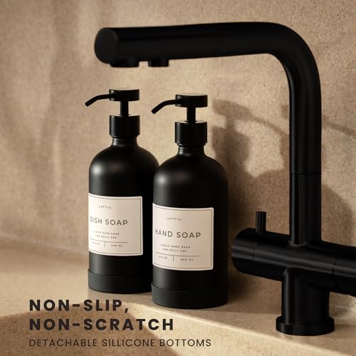Hand and Dish Soap Dispenser for Kitchen and Bathroom, Set of 2 16 Oz Glass Bottles, Stainless Steel Pumps, Non-Slip Silicone Base, 27 Waterproof Labels (Matte Black Bottle/Black Pump) - color: Matte Black Bottle / Black Pump