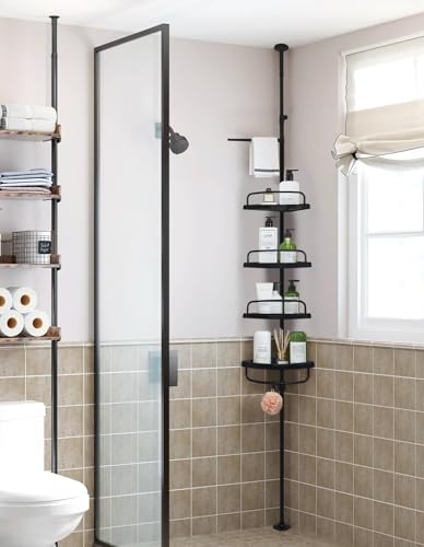 Hans&Alice H&A Tension Shower Caddy Pole, Bathroom Corner Shower Rack, Stainless Steel Pole and Rustproof-Black