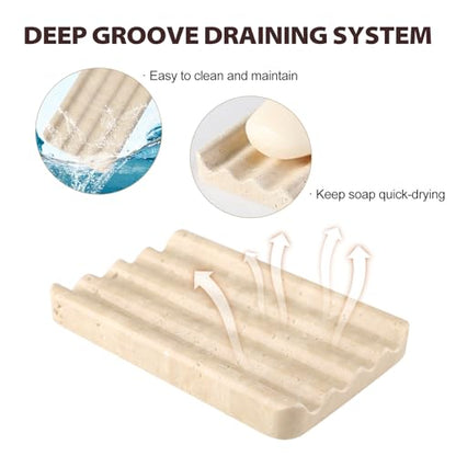 Koville 2PCS Travertine Soap Dishes for Shower, Marble Soap Dish Bar Soap Holder for Sink, Stone Soap Tray for Bathroom, Stripe Grooves Saver Keep Bars Dry Easy Clean - color: Travertine