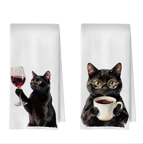 Funny Cat Kitchen Towels - Funny Coffee Station Wine Bar Decorative Waffle Dish Towels, Black Cat Gifts for Women Hand Towel, Chef Decor Tea Towel for Kitchen, 16x24 Inch Set of 2 - color: Black Cat