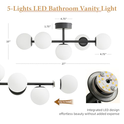 Modern Bathroom Vanity Light Fixtures,LED Matte Black Wall Sconce Lighting | 5 Lights Milk Glass Globe Vanity Light, Makeup Bathroom Vanity Lights,Dimmable Brass Mid Century Wall Sconces over Mirror - color: Black Milk Glass, size: Integrated LED
