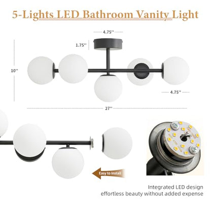Modern Bathroom Vanity Light Fixtures,LED Matte Black Wall Sconce Lighting | 5 Lights Milk Glass Globe Vanity Light, Makeup Bathroom Vanity Lights,Dimmable Brass Mid Century Wall Sconces over Mirror - color: Black Milk Glass, size: Integrated LED