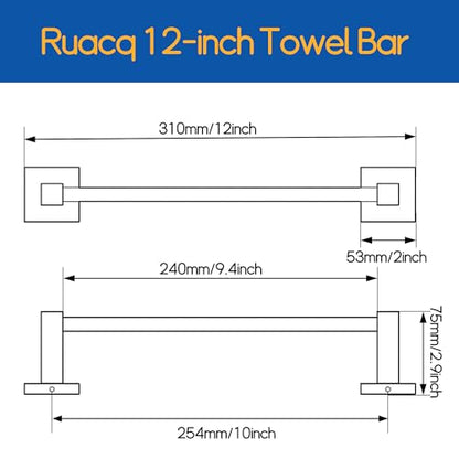 RUACQ Towel Bar 10" Towel Racks for Bathroom Wall Mounted, Matte Black | Hand Towel Holder, Total Length 12 Inch Single Towel Rod, 304 Stainless Steel, Rustproof, Square Base, Heavy Duty, Modern - color: Matte Black, size: 10 inch(Center to Center) Single