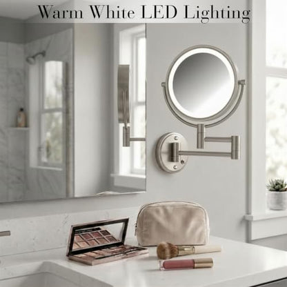 JERDON Hardwired Wall-Mount Makeup Mirror - 8X/1X - Nickel - HL88NLD | 8.5" Round Frame, 13.5" Wall Arm, LED Lighting, Direct Wire Installation - color: Nickel Direct Wire