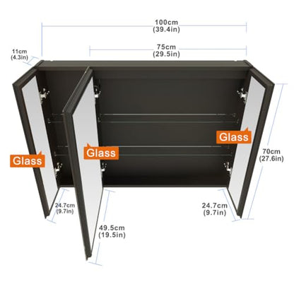 40x28 Inch Three Doors Aluminum LED Bathroom Medicine Cabinet with Mirror | Light Adjustment, Anti-Fog, Sockets&USBs, High Capacity, Easy to Install - color: 3 Door-40*28