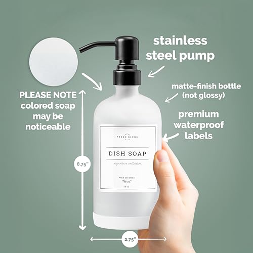Vine Creations White Glass Soap Dispenser, 2 Pack Kitchen Soap Dispenser Set with Stainless Steel Pump, 16 oz Dish Soap and Hand Soap Dispensers for Bathroom with Waterproof Labels - color: Matte White Bottle / Matte Black Pump