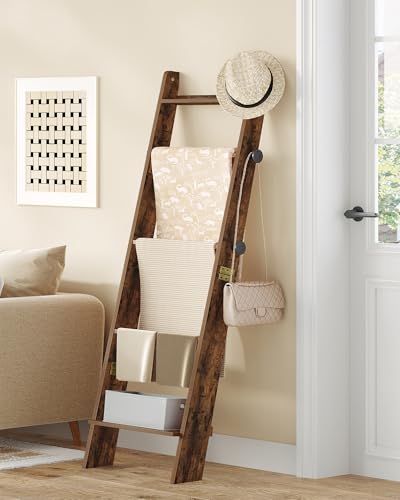 Hzuaneri Blanket Ladder, Decorative Quilt Rack with 4 Removable Hooks | 5-Tier Blanket Ladder Shelf for Bedroom Living Room, Rustic Brown BR30501X - size: 5.6"D x 17"W x 62.5"H