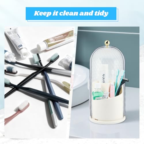 Rotating Toothbrush Holders with Sliding Lid & 4 Pcs Toothpaste Squeezers, Multifunctional 3 Slots Bathroom Organizer Countertop for Tooth Brush, Toothpaste, and Makeup Brushes