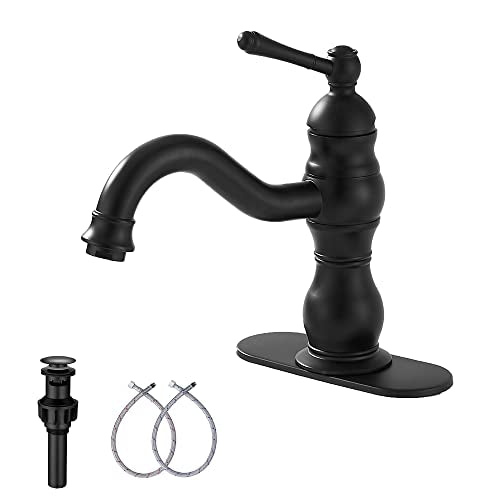Matte Black Bathroom Faucet GGStudy 360° Swivel Bathroom Vanity Faucet Single Handle One Hole Black Bathroom Sink Faucet Basin Matching Pop Up Drain with Overflow - color: Black, size: Short