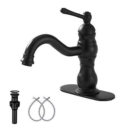 Matte Black Bathroom Faucet GGStudy 360° Swivel Bathroom Vanity Faucet Single Handle One Hole Black Bathroom Sink Faucet Basin Matching Pop Up Drain with Overflow - color: Black, size: Short