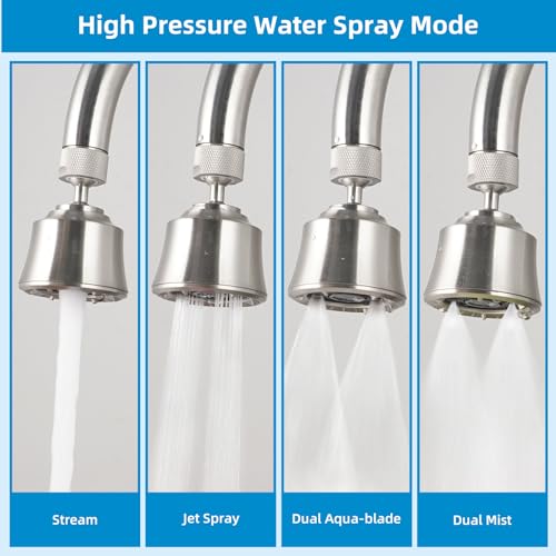 4 Modes Kitchen Sink Faucet Head Aerator, Big Angle Swivel, Brushed Nickel | Faucet Sprayer Attachment with 2 Ball Joint, 55/64-27UNS Famale Thread, Male Thread Adapter Included - color: Brushed Nickel, style: with 2 joint balls