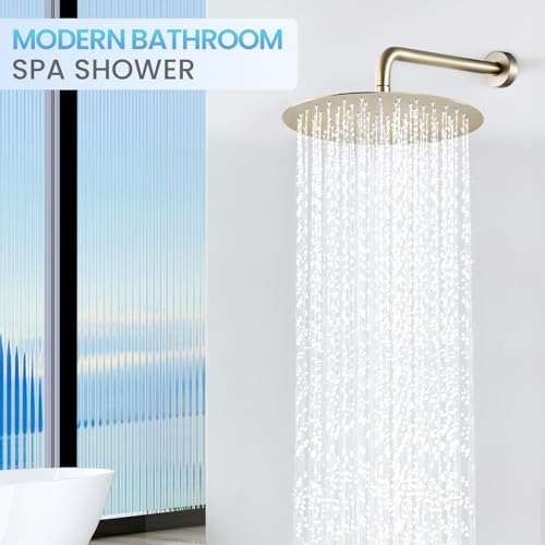 12 inch Brushed Gold Rainfall Shower Head - All Metal Stainless Steel Full Body Round Rain Shower with 120 Silicone Nozzles Modern Bathroom - color: Brushed Gold, size: 12 Inch