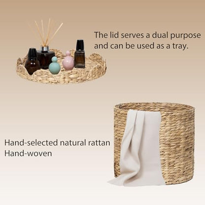 Large Round Water hyacinth Wicker Laundry hamper basket with lid | Eco-friendly,Handwoven,Natural Storage for Toys,Blankets,Dirty Clothes - Bedroom & Bathroom - size: Large
